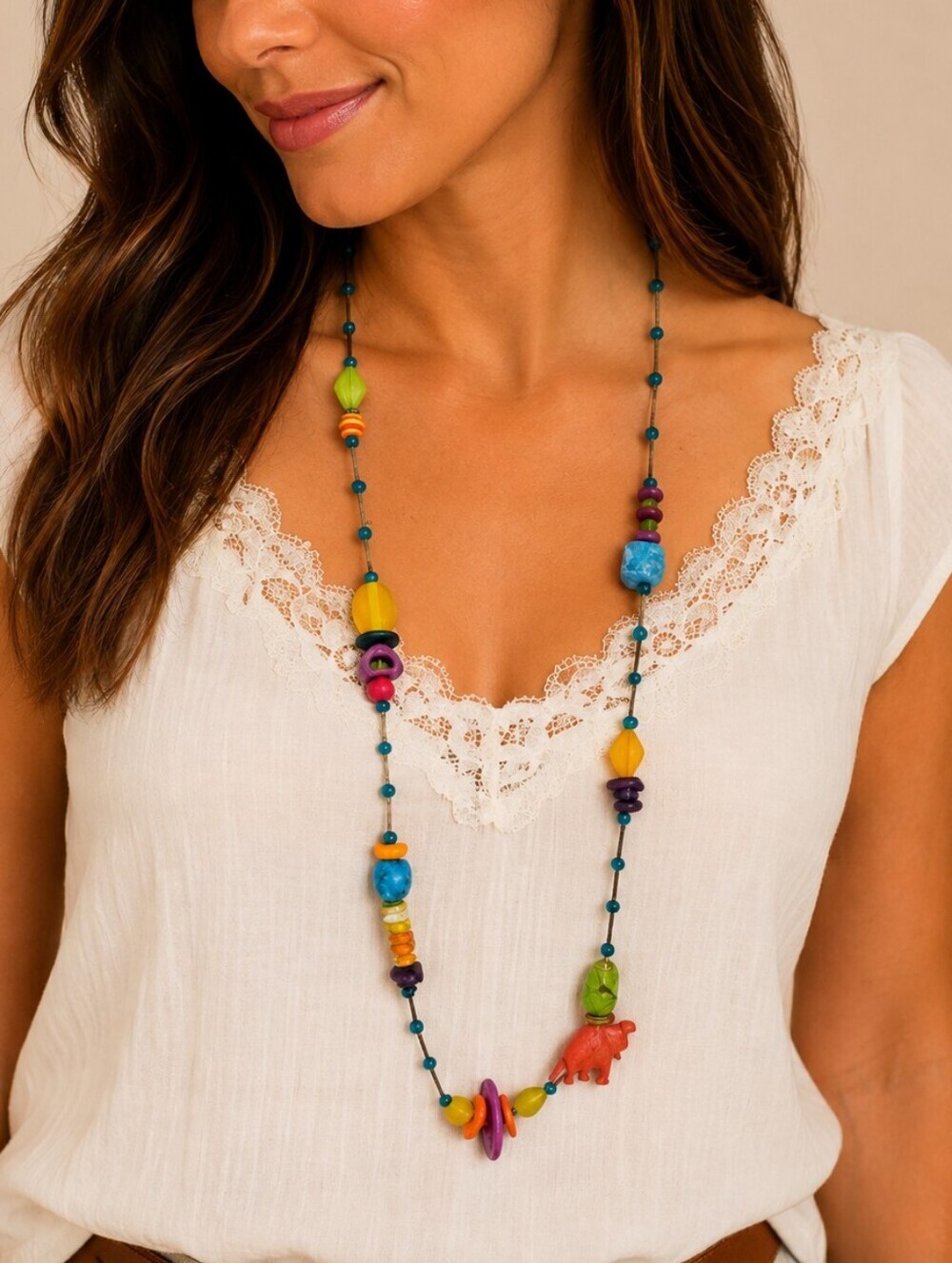 TRESKA Elephant Lampwork Glass Funky Tribal Beaded Long Necklace